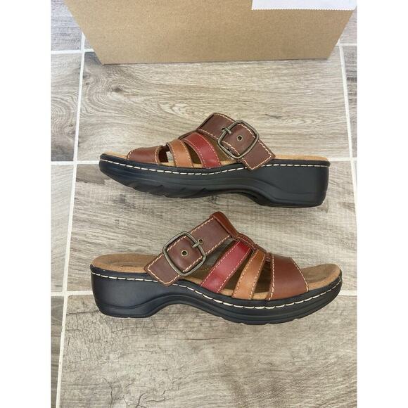 Clarks Brown Red Strappy Sandals Heel Slip On Adjustable Size 6.5 - Picture 4 of 5